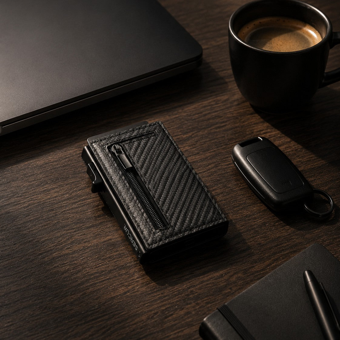 SERCUR CARBON op een bureau naast koffie en een autosleutel